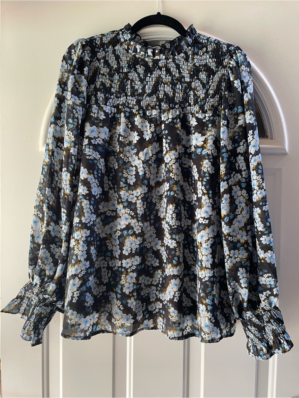 Smocked Yoke Floral Long-Sleeve Blouse - Black & Light Blue